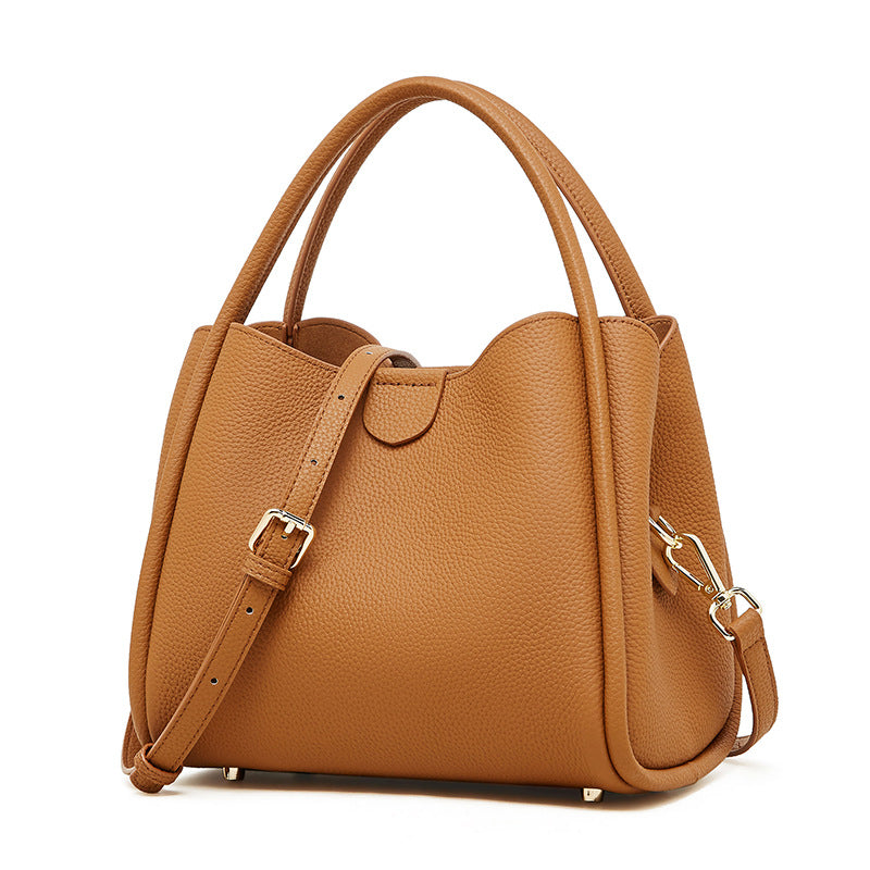 Genuine Leather Top-Handle Crossbody Bucket Bag