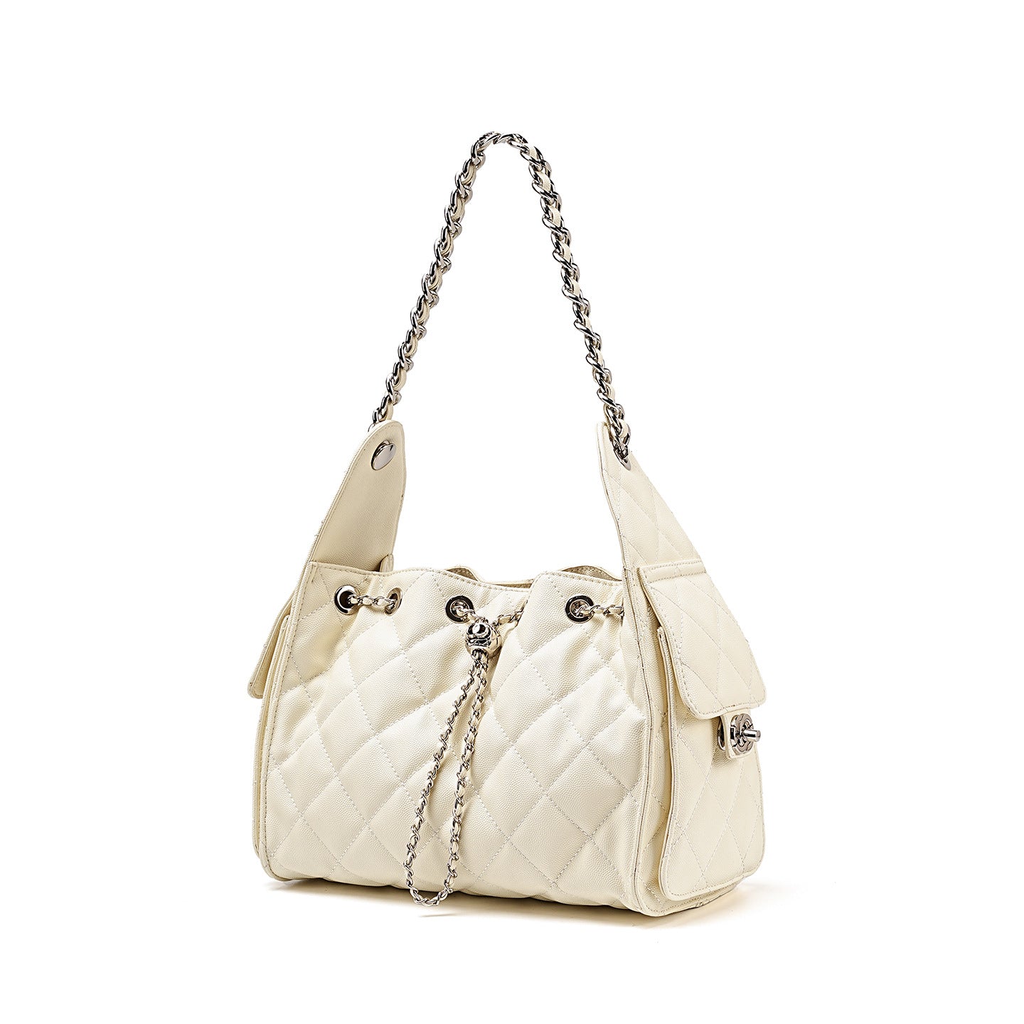 Quilted Genuine Leather Shoulder Bucket Bag