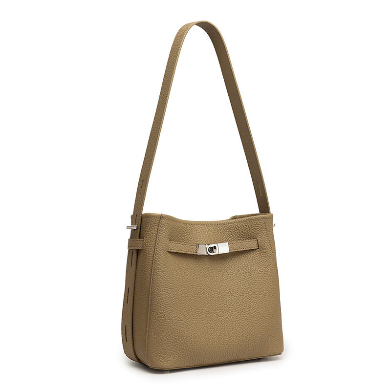 Genuine Leather Top-Handle Crossbody Bucket Bag