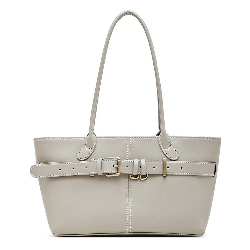 Genuine Leather Buckle Top-Handle Tote Bag