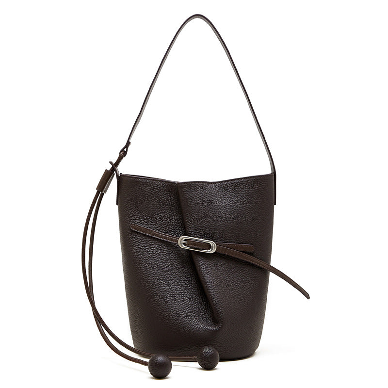 Genuine Leather Shoulder Crossbody Bucket Bag for Work