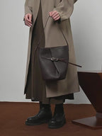Genuine Leather Shoulder Crossbody Bucket Bag for Work
