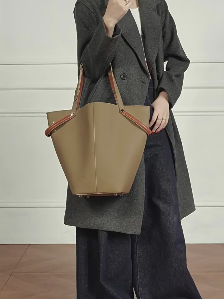 Commuter Genuine Leather Shoulder Top Handle Bucket Bag