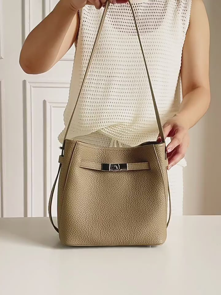 Genuine Leather Top-Handle Crossbody Bucket Bag
