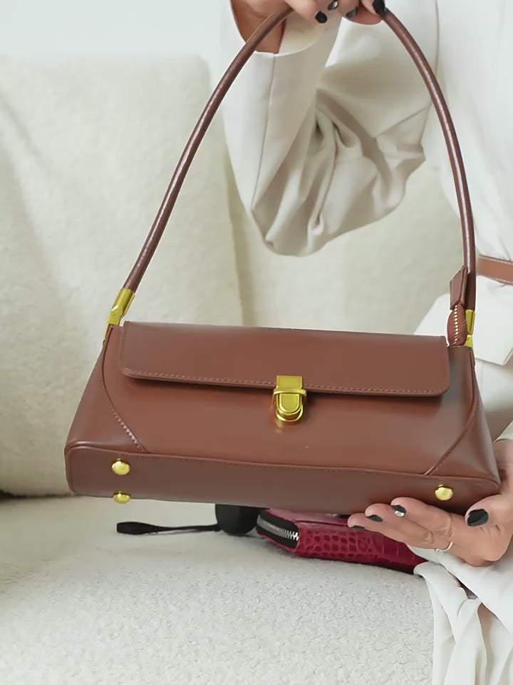 French Style Genuine Leather Shoulder Baguette Bag
