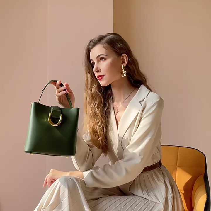 Genuine Leather Crossbody Handheld Bucket Bag